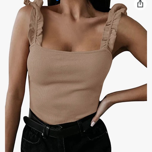 Women's Square Neck Ruffle Strap Stretchy Ribbed Bodysuit with snaps XL NEW - Picture 4 of 14